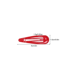 Classic red metal snap hair clip with dimensions 5cm by 1.5cm on white background