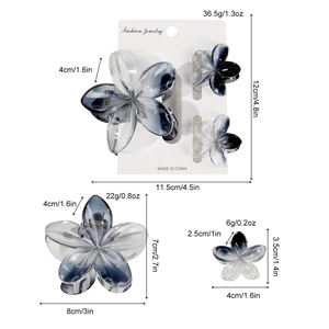 Plumeria hair claw clips set in blue-grey gradient resin with detailed size specifications