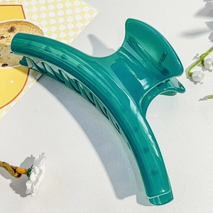 Macro shot of large dark green hair claw clip with glossy finish on aesthetic background