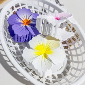 Vue détaillée des pinces à cheveux fleurs mates violettes et blanches dans un panier