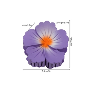 Pince à cheveux fleur d'hibiscus violette avec dégradé et dimensions du produit