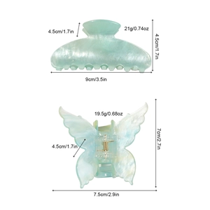 Green butterfly and half-moon acetate hair claw clips with pearl finish and dimensions
