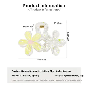 Detailed view of clear floral hair claw clip showing dimensions of 8cm by 5.5cm