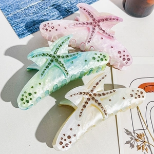 Ocean Series Acetate Starfish Hair Claw Clip With Rhinestones Elegant Marble Texture Shark Clip For Women Hair Styling