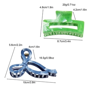Green and blue marble texture hair claws set with detailed size and weight dimensions
