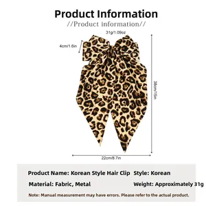 Detailed size chart for leopard print bow hair clip with long ribbons and metal spring base