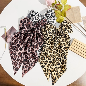 Vintage Leopard Print Bow Hair Clip With Long Streamers Fashion Fabric Satin Spring Clip For Women French Hair Accessory