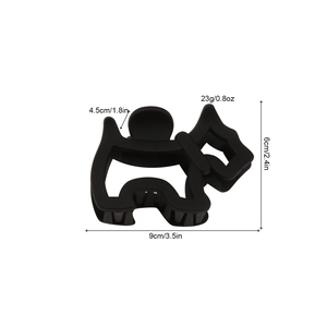 Pinza per capelli nera a forma di cane in plastica con indicazione delle misure