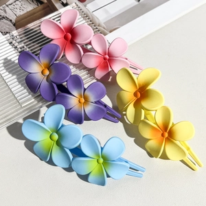 Detailed close-up of matte gradient flower duckbill hair clips in four pastel colors
