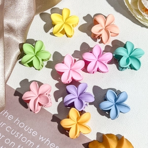 Close-up of matte resin frangipani hair claws in various pastel macaron colors