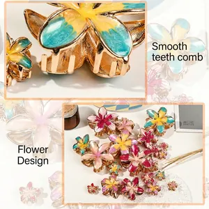 Elegant metal plumeria shark hair claw clip set with colorful enamel finish for women
