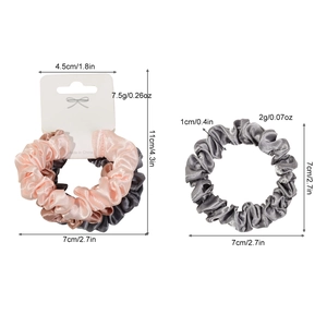 Set of 4 elegant satin silk scrunchies in neutral tones with size and weight dimensions