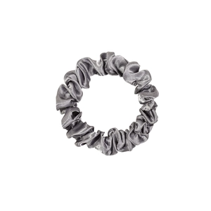 Elegant grey satin scrunchie with glossy finish and premium pleated texture for women
