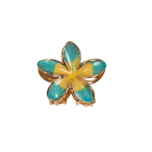 Metallic frangipani flower hair claw clip with yellow and blue gradient enamel finish