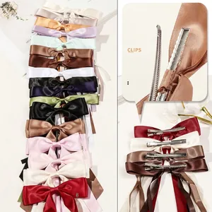 Barrette à nœud en satin élégante avec de longs rubans multicolores et pince crocodile en métal