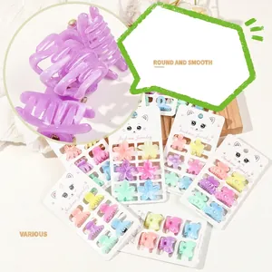 Cute candy-colored mini hair claw clips in flower shapes on cartoon card packaging
