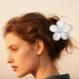 Blue and white plumeria flower hair claw clip for women's elegant updo hairstyles