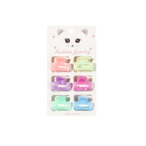 Set of 6 cute macaron marble hair mini claws on white cat-shaped card packaging