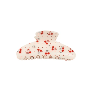Elegant acrylic shark hair claw clip with cherry pattern and sparkling rhinestones
