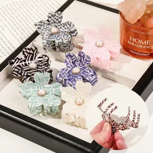 Elegant flower hair claw clips with pearl center and checkerboard pattern in six colors
