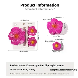 Size chart showing dimensions and weight for pink flower hair claw clips in cm and inches