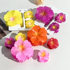 Hibiscus Flower Hair Claw Clips For Women Gradient Color Plastic Handmade Hairpin Headwear For Beach Vacation Daily Use