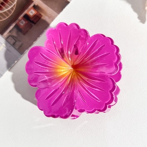 Close-up of a pink Frangipani shark clip featuring textured petals and a yellow core