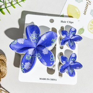Detailed set of three floral hair clips in deep blue and white on display card