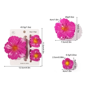 Frangipani flower hair clip set in vibrant magenta with detailed size measurements
