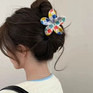 Colorful plaid flower hair claw clip for women's bun hairstyle with bow print patterns
