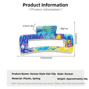 Detailed view of large square hair claw clip with colorful UV graffiti pattern and dimensions