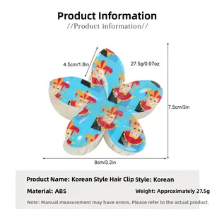 Detail view of 8cm blue plumeria hair claw clip with colorful clown pattern on ABS material