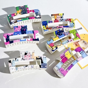 Printed Geometric Hair Claw Clip For Women Creative UV Print Square Hair Catch Cartoon Cat Fruit Checkerboard Plastic Hair Clamp