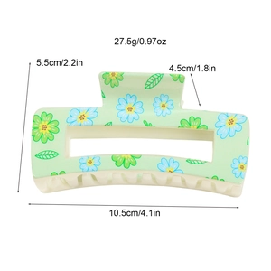Pince à cheveux carrée vert clair avec motif floral bleu, grande taille de 10,5 cm