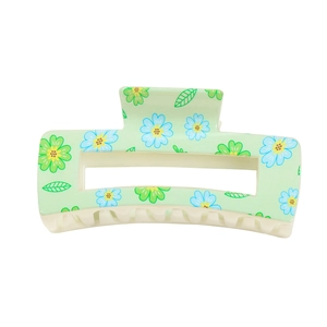 Pince à cheveux carrée à motif floral vert clair avec fleurs bleues pour cheveux longs