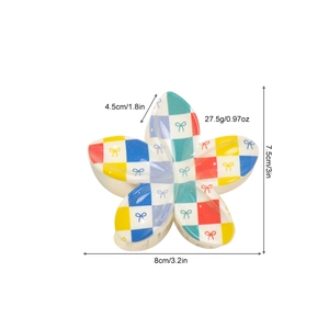 Plaid pattern plumeria hair claw clip with colorful bow prints and 8cm dimension labels