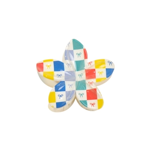 Colorful checkered plumeria hair claw clip with bow print for beach vacations