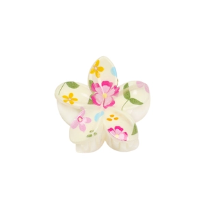 Romantic plumeria flower hair claw clip with colorful UV floral print on cream base