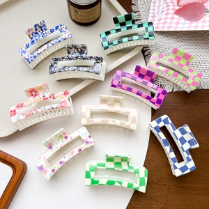 Floral Checkerboard Print Plastic Hair Claw Clip Large Square Handmade Shark Clip Fashion Hair Accessories For Women
