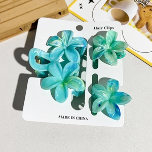 Lot de quatre pinces à cheveux fleurs dégradé bleu-vert sur carte de présentation