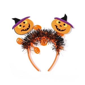 Halloween pumpkin head headband with wizard hats and orange tinsel for party costume