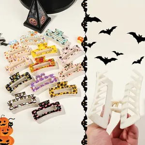 Halloween pumpkin and skull hair claws set with square cartoon UV print hollow design