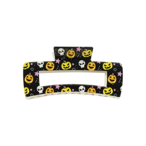 8.5cm square Halloween claw clip with pumpkin and skull print on black resin