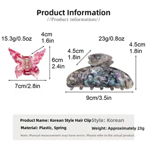 Detailed size specifications for pink marble butterfly and iridescent hair claw clips