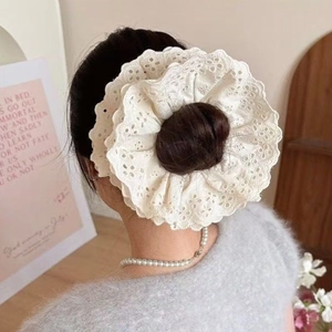 Elegant off-white lace scrunchie for women, oversized hair tie in a floral hollow design