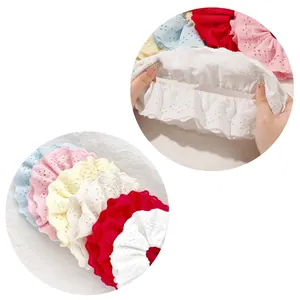 Lace ruffle scrunchies with eyelet embroidery in six pastel colors for ponytails