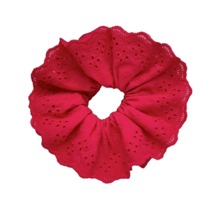 Elegant red lace embroidered scrunchie with floral eyelet pattern for women