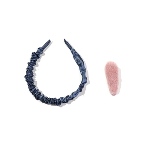 Solid satin pleated headband in dark blue and soft pink faux fur hair clip set