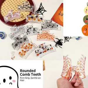 Halloween square hair claw clips with pumpkin bat and ghost prints for festive styling