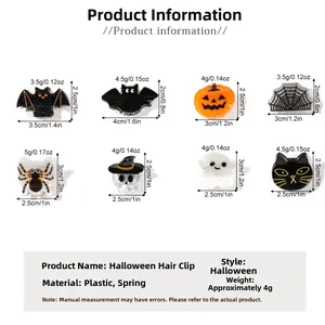 Detailed grid of 8 assorted Halloween mini hair claws including pumpkin and bat shapes